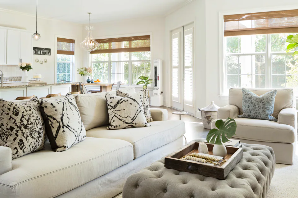 Family room open to the kitchen and breakfast area at Hyde Park, Tampa, interior design by MJ Designs
